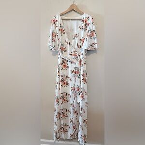 Floral Wrap Midi Dress in White and Pink